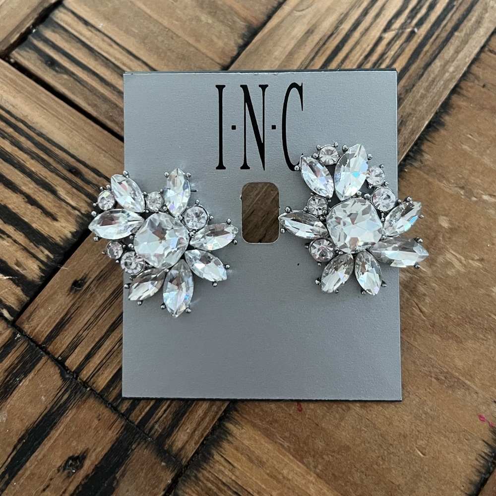 INC Silver Crystal Floral Earrings